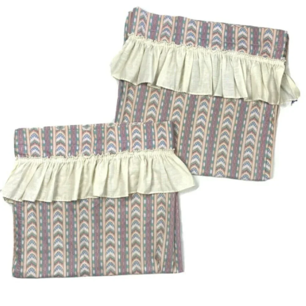 2 Custom Made Vintage 1970s Curtains Drapes Ruffle Majorca Pattern